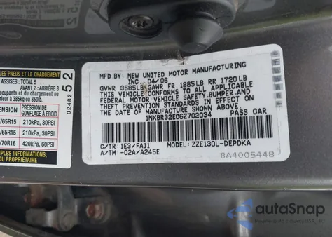 2006 Toyota Corolla Ce/Le/S из США, поврежденный, VIN 1NXBR32E06Z702034